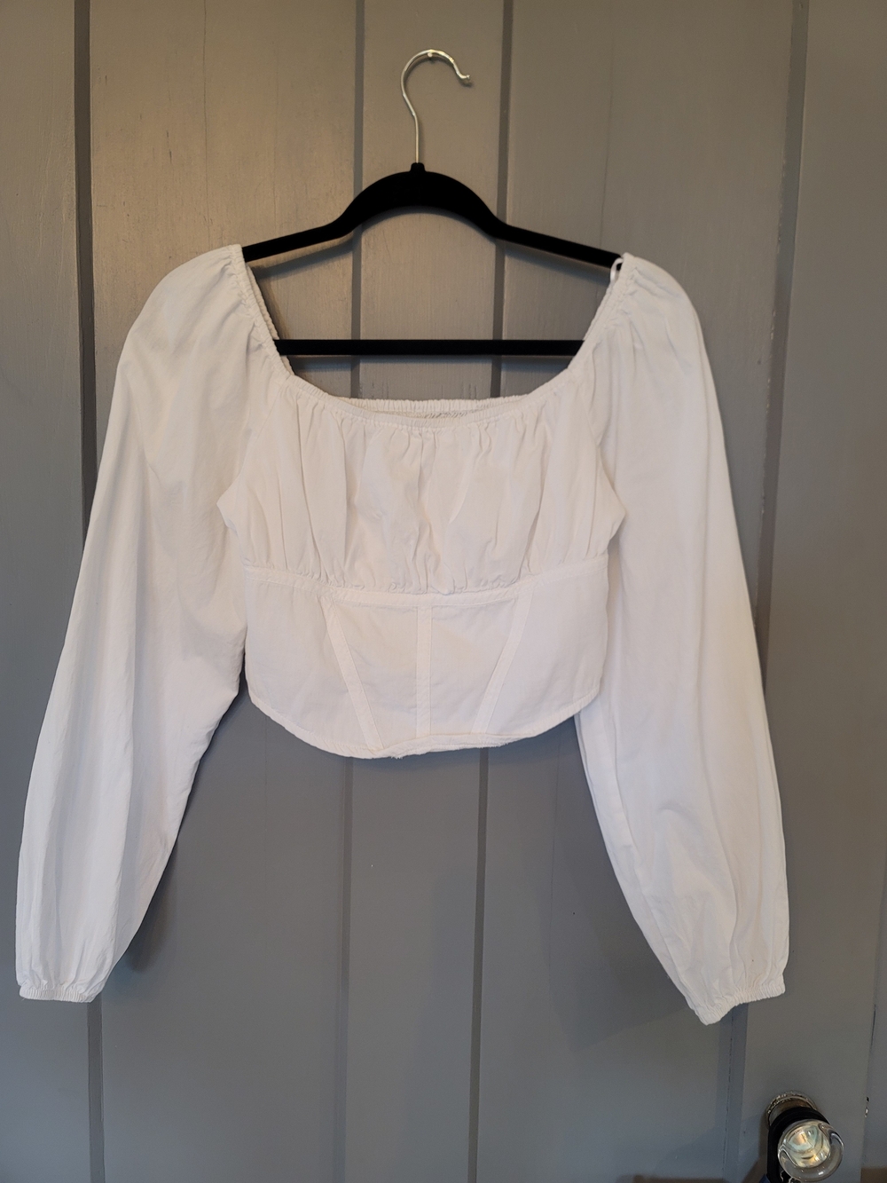 100% Cotton White Square-Neck Cropped Peasant Blouse